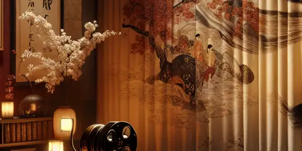 A cozy, dimly lit room featuring vintage film reels, a projector, and decor evoking intimacy and sensuality.