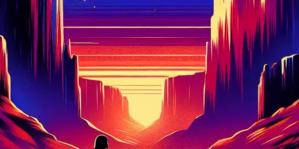 Two figures at a canyon's edge at dusk, engaged in conversation amidst a breathtaking landscape.