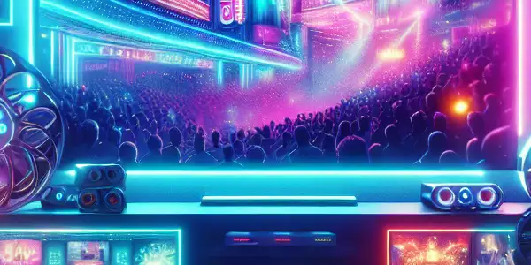 A vibrant, neon-lit room showcasing a modern TV displaying a captivating scene from a Japanese adult film.