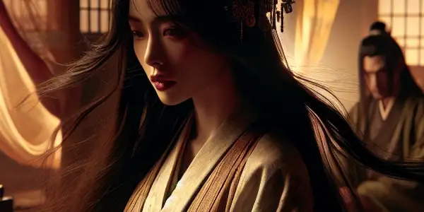 A beautiful woman with long black hair in a seductive outfit, set in an intimate, elegantly decorated room.