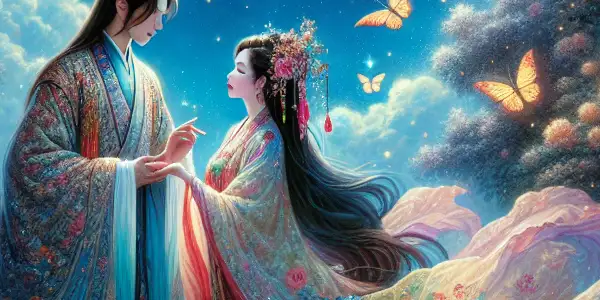 Liang Shanbo and Zhu Yingtai in a moonlit garden, surrounded by flowers and butterflies, embodying tragic romance.