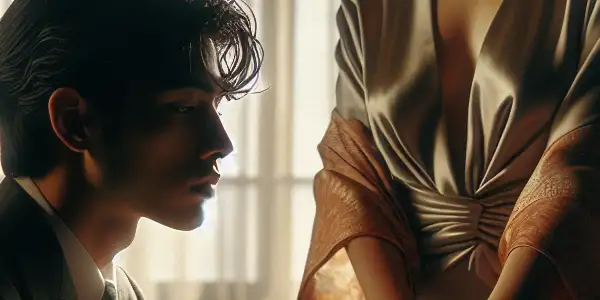 A young man gazes at an elegant woman in a warmly lit living room, hinting at a complex emotional connection.