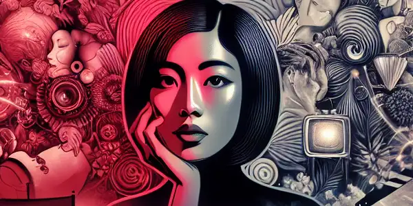 A film critic surrounded by cinematic elements, contrasting romantic and dramatic imagery in a mysterious atmosphere.