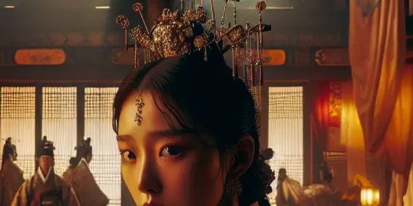 A dramatic scene in a royal palace depicting a king, queen, and servant caught in forbidden romance.