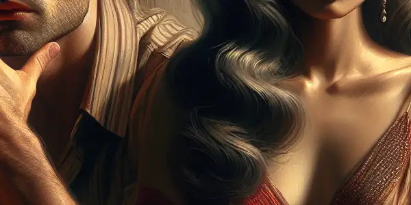 A contemplative man and an alluring woman share a tense, intimate moment in a warmly lit living room.