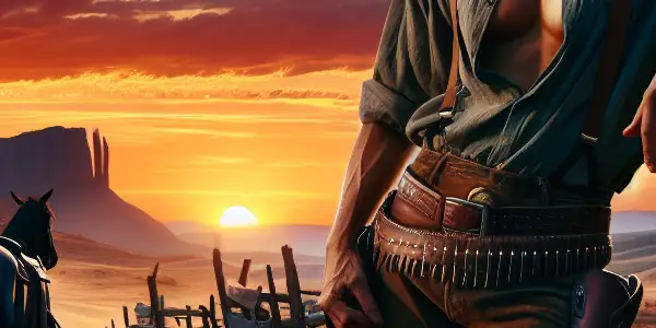 A confident cowboy stands against a vibrant Western sunset, embodying adventure and allure in a rugged landscape.