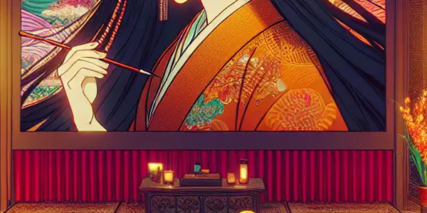 A glamorous viewing party featuring a confident female actress and enthusiastic fans enjoying a Japanese film in a cozy room.