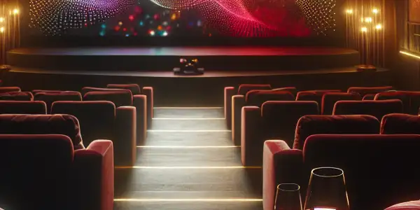 A cozy home theater with plush seating, ambient lighting, popcorn, wine, and elegant movie posters.