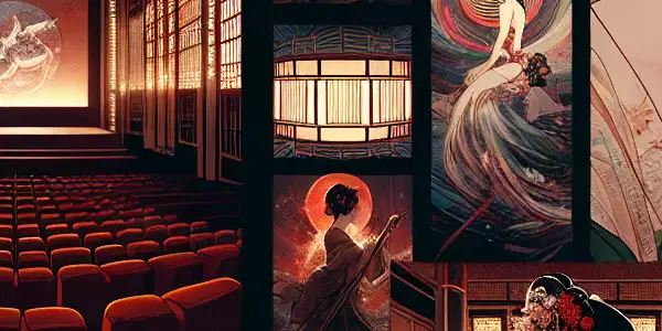 A luxurious movie theater scene reflecting the allure of Japanese AV cinema with romantic, artistic elements.