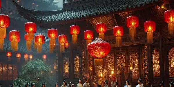 A traditional Chinese courtyard at dusk, illuminated by red lanterns, with women in elegant dresses reflecting complex emotions.