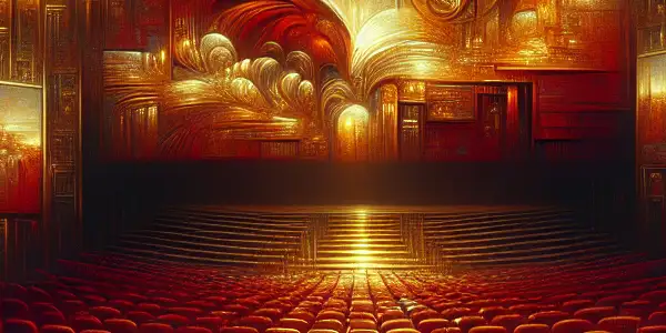 A luxurious cinema hall hosting an adult film festival, featuring engaged viewers and abstract, suggestive visuals on screen.