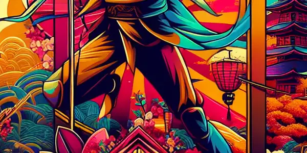 A vibrant movie poster featuring a confident character amidst colorful Japanese cultural symbols and a playful atmosphere.