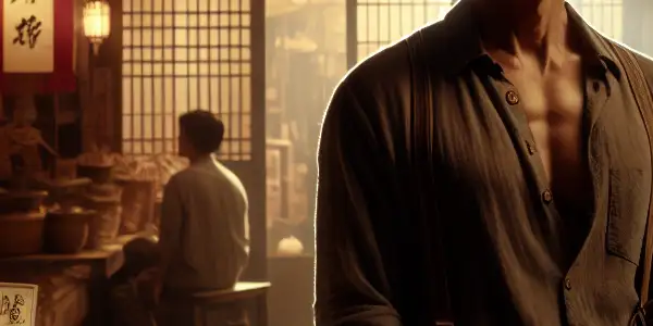 A charismatic rice shop owner in a warm, inviting atmosphere hints at hidden passions and adult themes.