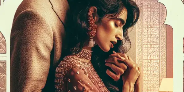 A romantic movie poster featuring a couple in an intimate embrace, set in a cozy, softly lit bedroom.