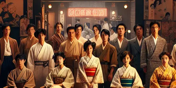 A retro Japanese film set with actors practicing hygiene, featuring props like condoms and sanitizing supplies.