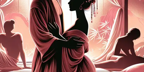 A serene, intimate setting featuring a couple in a tender embrace surrounded by soft fabrics and cherry blossoms.