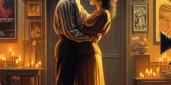 A passionate couple embraces in a nostalgic 1980s Japanese film set, surrounded by retro decor and warm lighting.