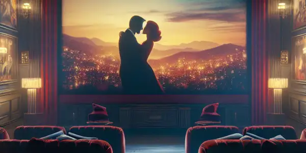 A cozy home theater featuring plush seating, classic adult film posters, and a glowing screen with two silhouetted figures.