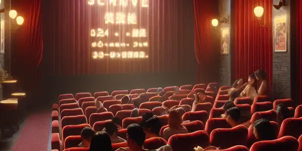 A cozy, dimly lit cinema in Mianyang with plush seats, couples enjoying a film, and vintage decor.