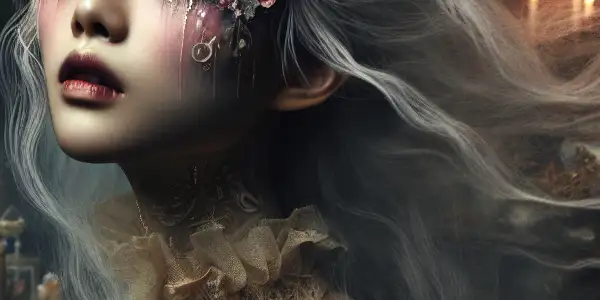 A beautifully styled female figure lies in a dimly lit, gothic room, blending beauty with eerie elements of horror.