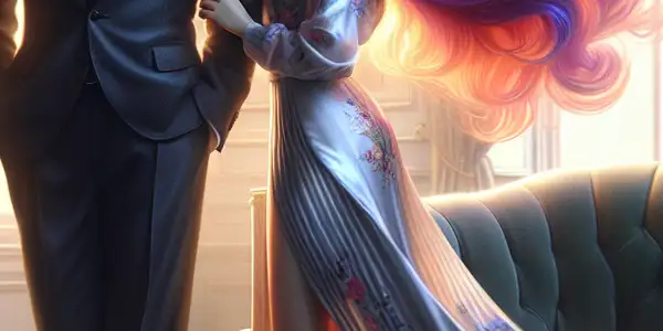 An intimate moment between a distinguished older man and a vibrant young woman in a cozy, elegantly decorated room.