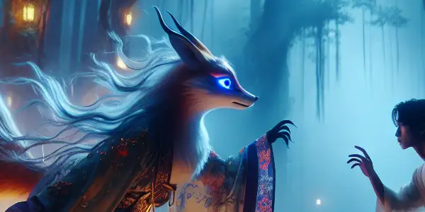 A mystical twilight forest scene featuring a seductive fox spirit interacting with a young man, highlighting romance and intrigue.