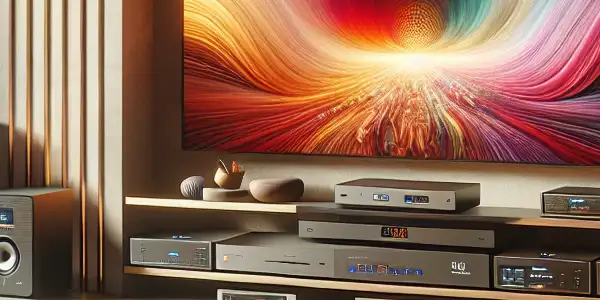 A modern living room with a large TV, cozy sofa, and tech elements, suggesting an enhanced adult video experience.