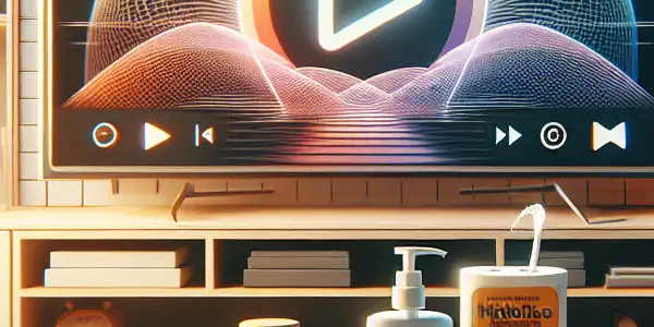 A cozy living room with a modern TV, sanitary items, and a laptop streaming Japanese adult films, promoting hygiene and relaxation.