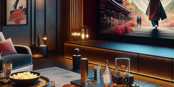 A modern home theater room designed for enjoying Japanese adult films, featuring plush seating, snacks, and cultural decor.