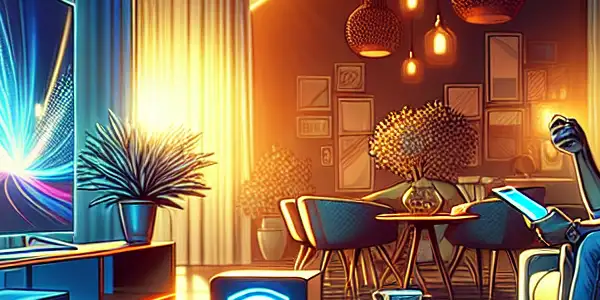 A cozy living room with a user enjoying high-definition content on a modern screen, surrounded by technology and security elements.