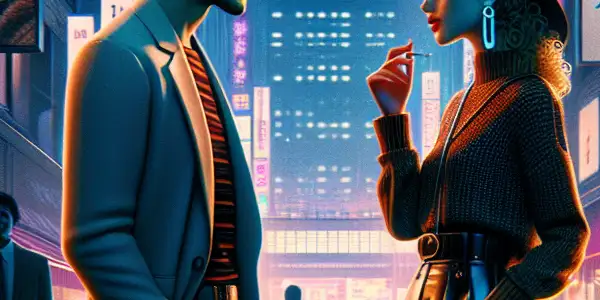 A stylish couple converses in a vibrant, neon-lit Tokyo cityscape at night, embodying romance and urban energy.