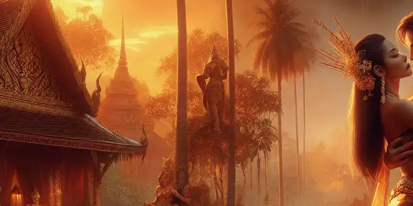 A passionate couple embraces in a vibrant Thai tropical landscape at sunset, surrounded by cultural motifs and romance.