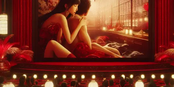 A luxurious cinema interior with diverse audience captivated by a vintage screen, evoking Japanese culture and sensuality.