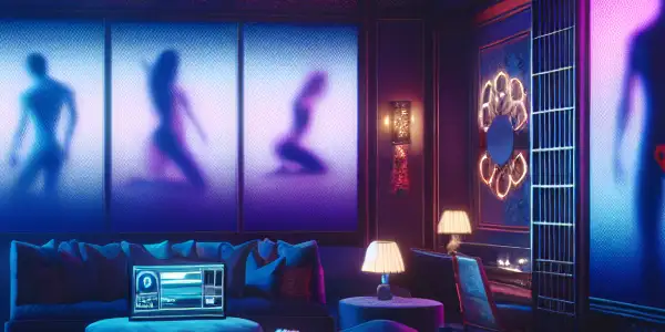 A vibrant neon-lit room depicting intimate male-male interactions with a blend of Western and Asian design elements.