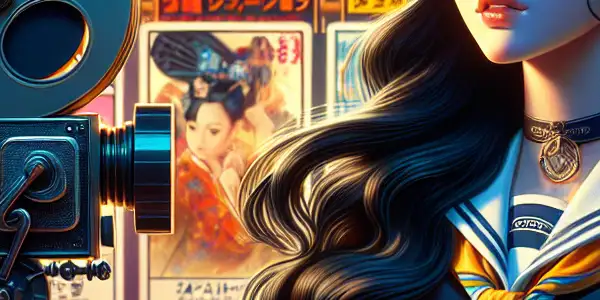 A confident female figure in a schoolgirl uniform, surrounded by colorful movie posters in a nostalgic film studio.