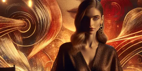 A glamorous film set featuring a confident woman in a kimono-inspired dress, embodying allure and cinematic storytelling.